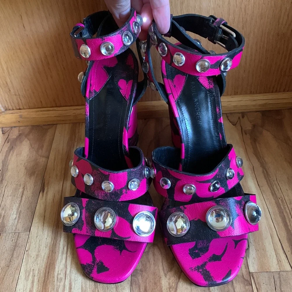 RARE Paul Andrew size 37 / 7 designer sandals pink black 4.5” block heel studs